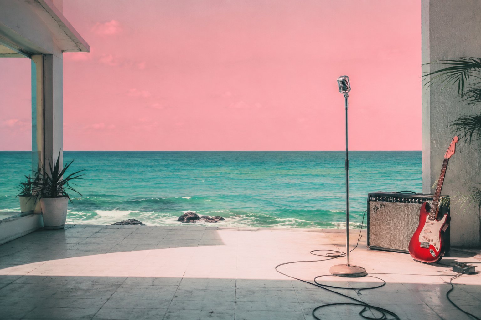 A red guitar and microphone in a seaside rehearsal space overlooking the ocean